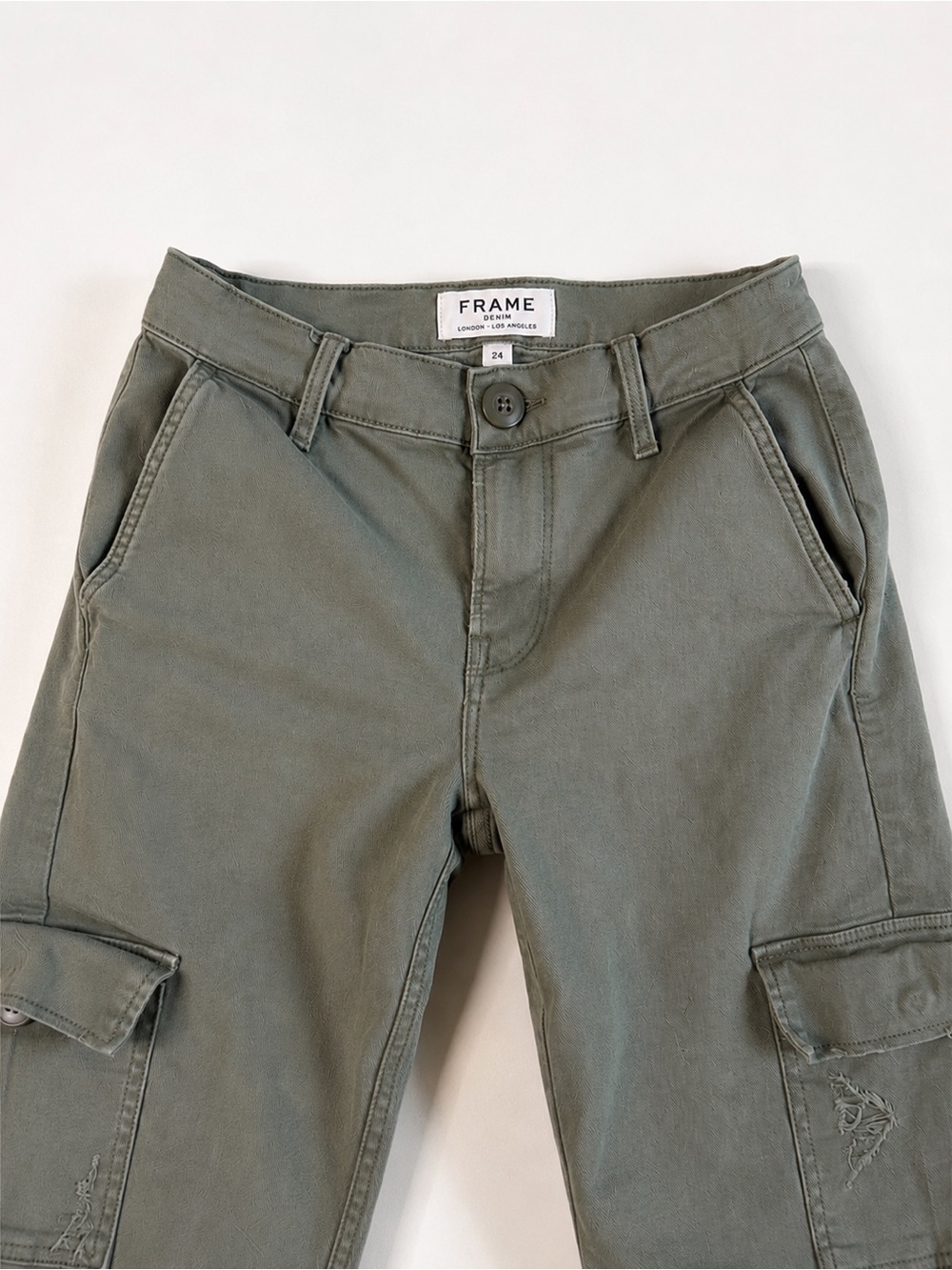 FRAME Denim Cargo Pants Size 24 Olive Green Skinny Utility Ankle Zip Distressed - Picture 2 of 5